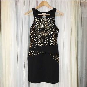 ✨ Gold Detailed Leopard Face Black Dress